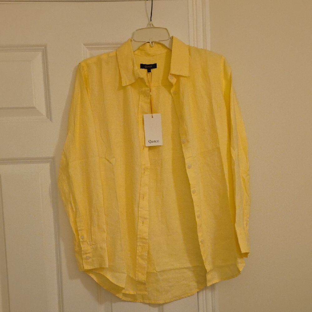Quince Casual Light Yellow Button Down Shirt Linen Small